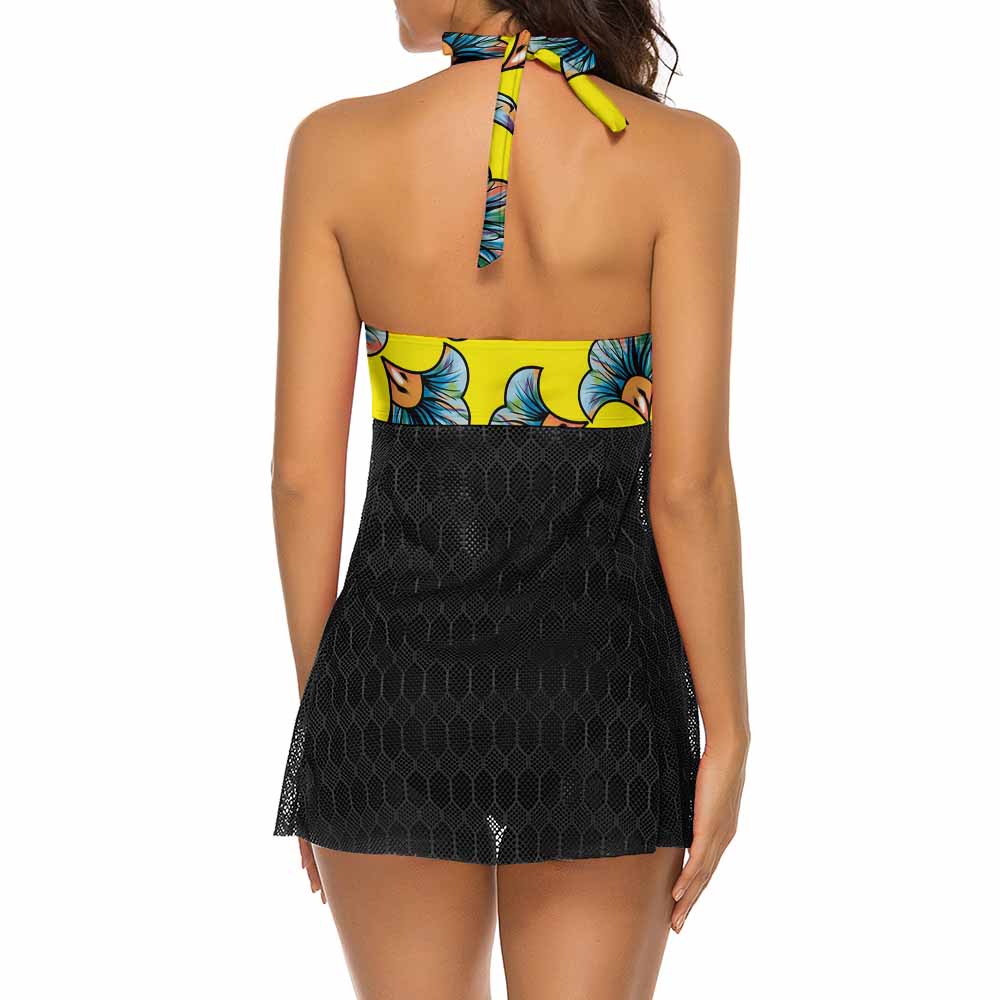 Black skirted bikini swimsuit with yellow floral halter top, adjustable length, unwired cups for comfort and style.