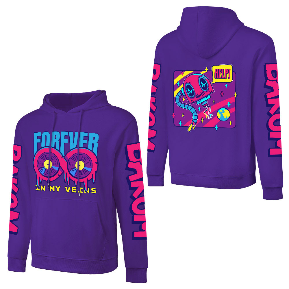 Purple cotton hooded sweater with 'FOREVER 99' design and sleeve prints, Youth Personality style