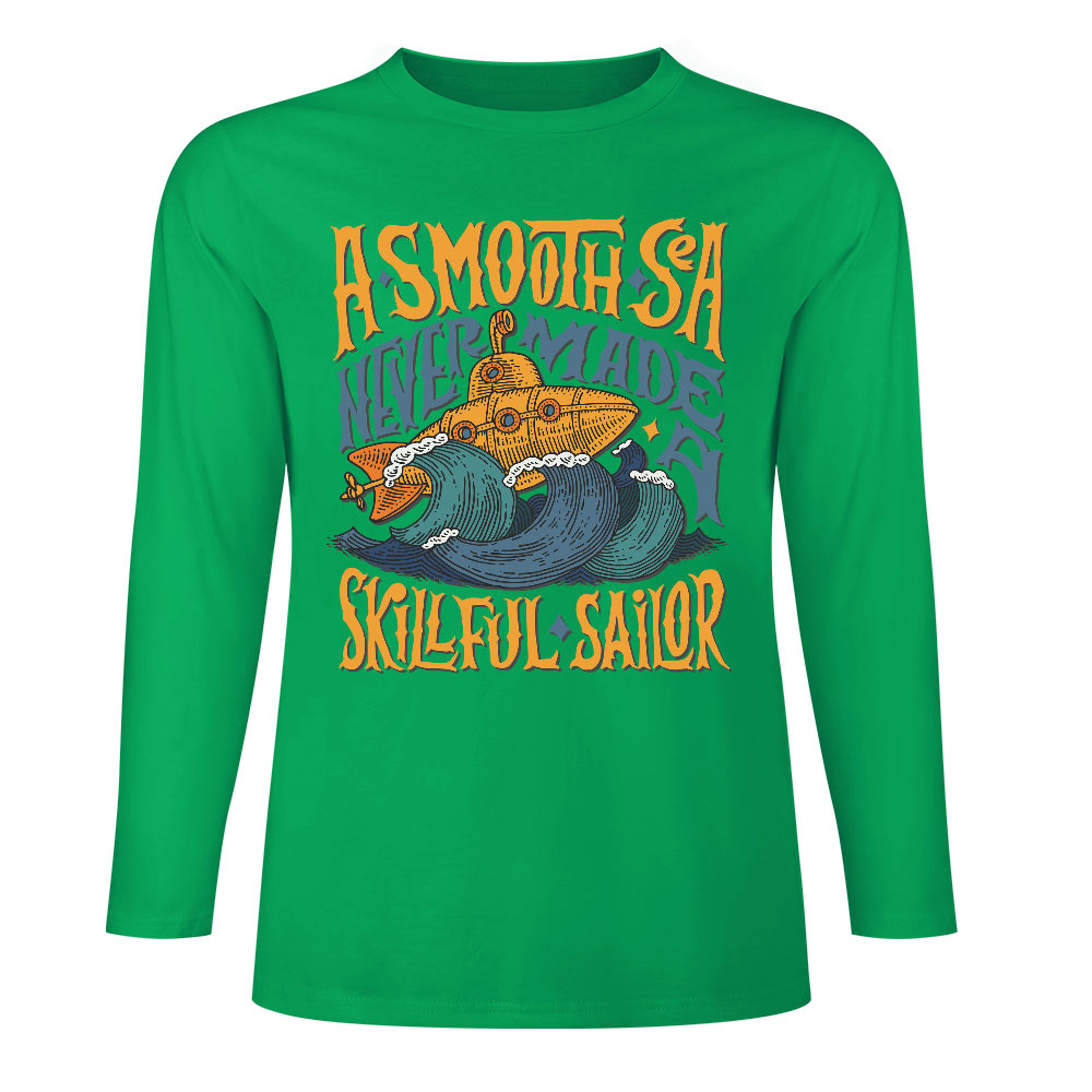 Green pure cotton long sleeve T-shirt featuring 'A SMOOTH SHAKER' graphic design for casual wear.