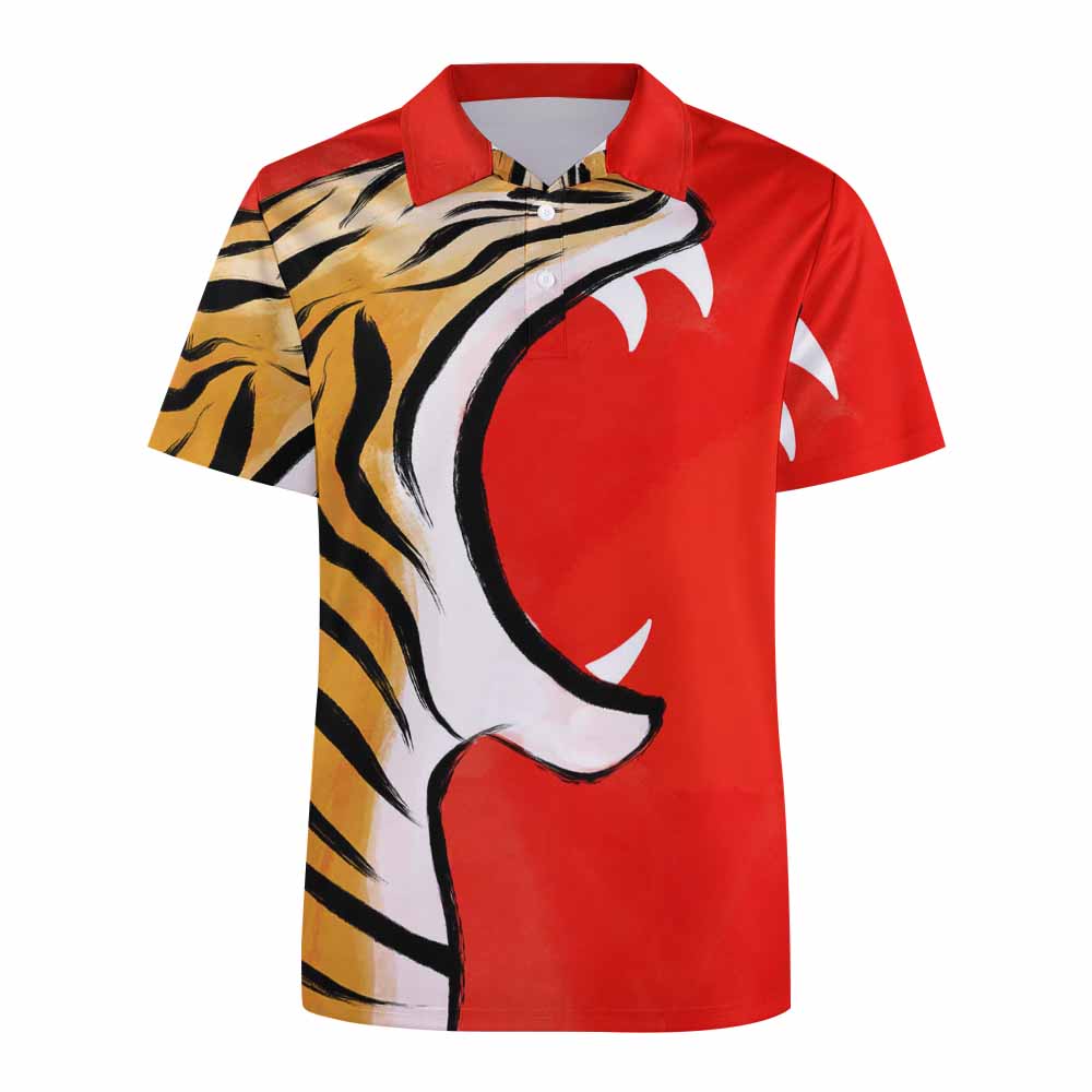 European Sode POLO Straight Shirt with Tiger Print - Red and Yellow