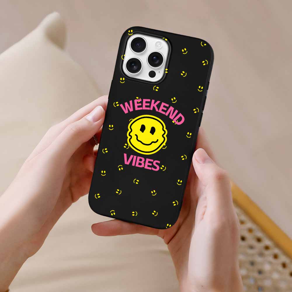 iPhone 16 Series case with 'Weekend Vibes' design, black TPU, protective phone cover.