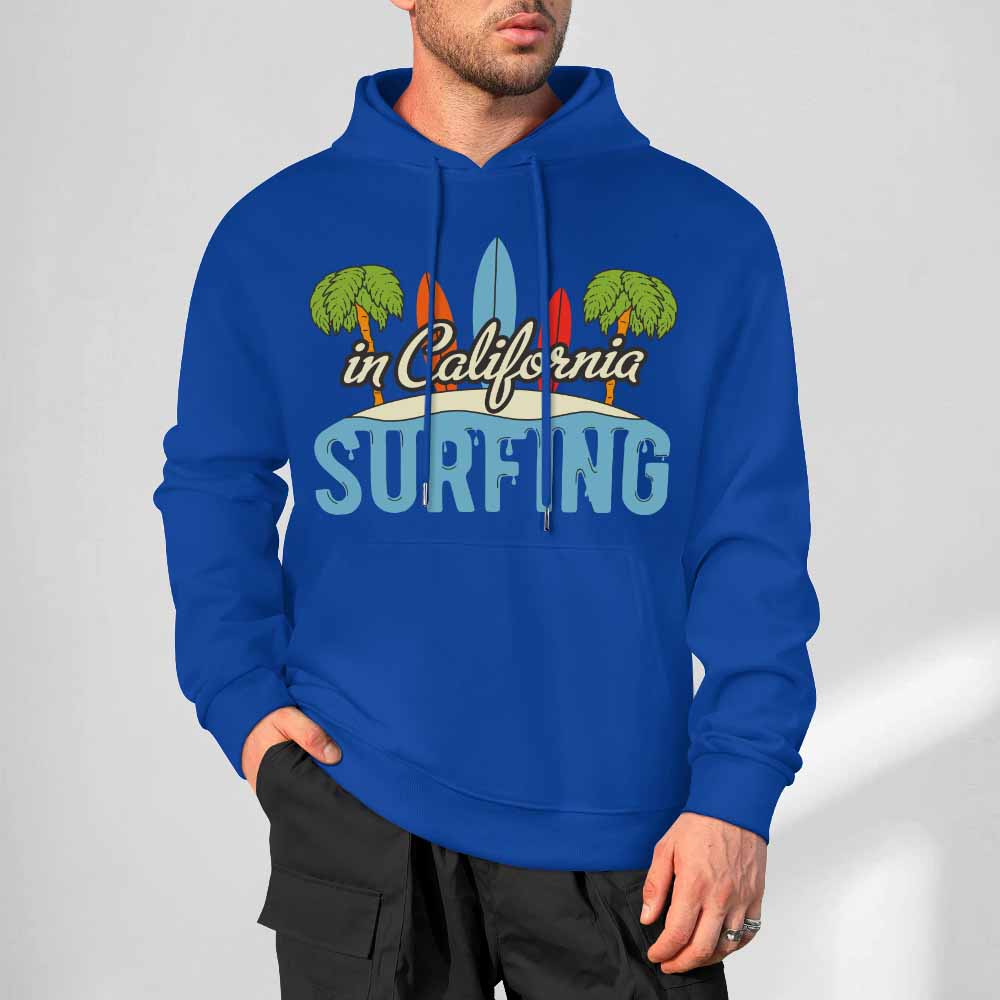 Royal blue California Surfing hoodie for men, loose fit, suitable for daily wear.