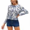 Women's Long Sleeve Shirt in white with blue patterns, 97% polyester and 3% spandex, ideal for casual wear.