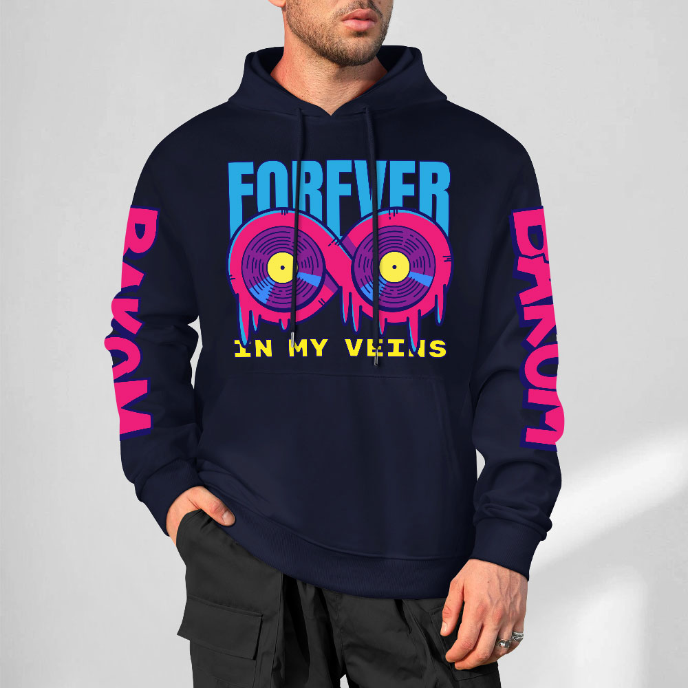 Navy blue cotton FOREVER 99 donut graphic hoodie with DAKUM sleeve prints, youth fashion style.