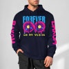 Navy blue cotton FOREVER 99 donut graphic hoodie with DAKUM sleeve prints, youth fashion style.