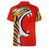Red European Sode POLO shirt with tiger print design. Polyester fabric, breathable, stylish.