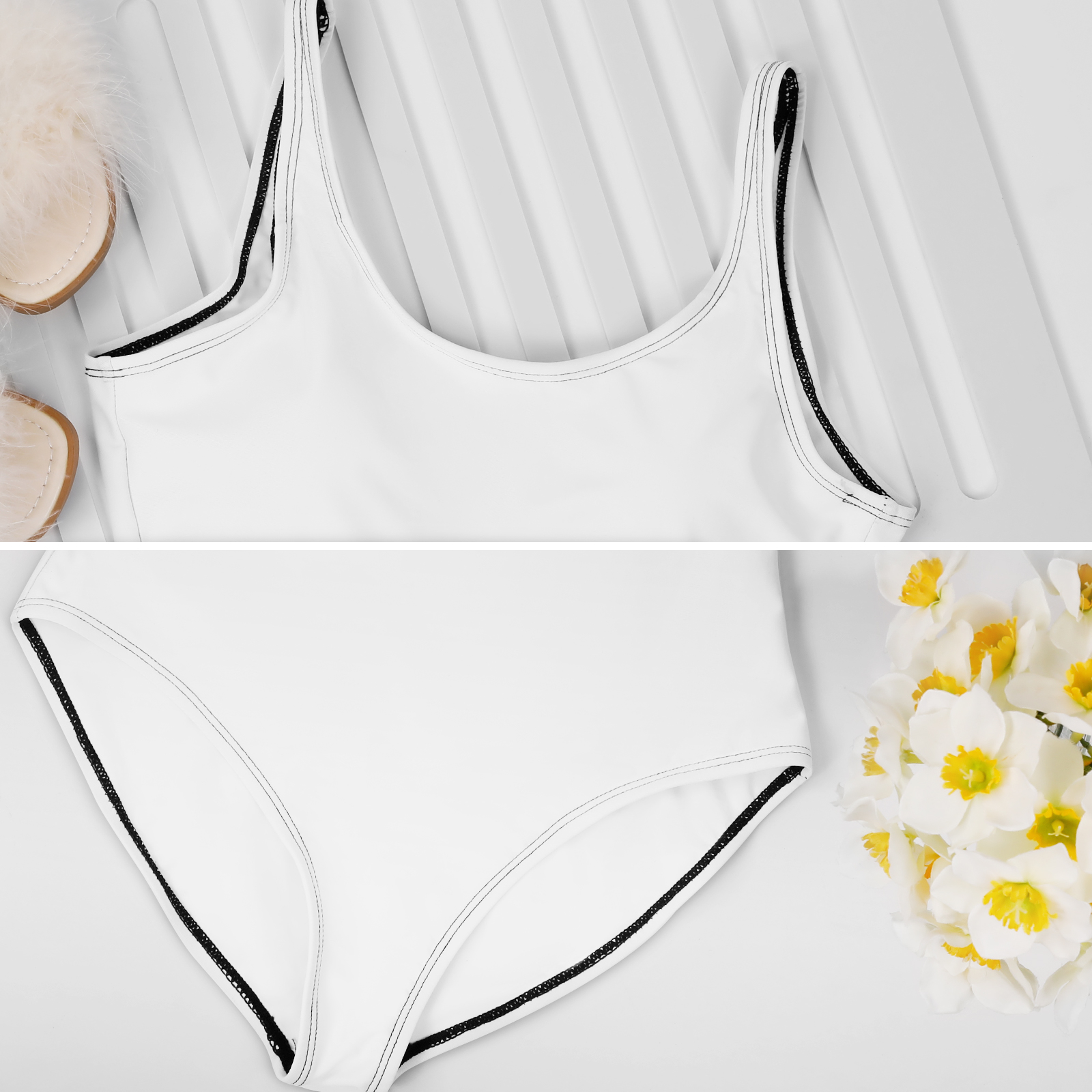 White one-piece swimsuit with black trim, perfect for beach and pool, polyester material, U-back design
