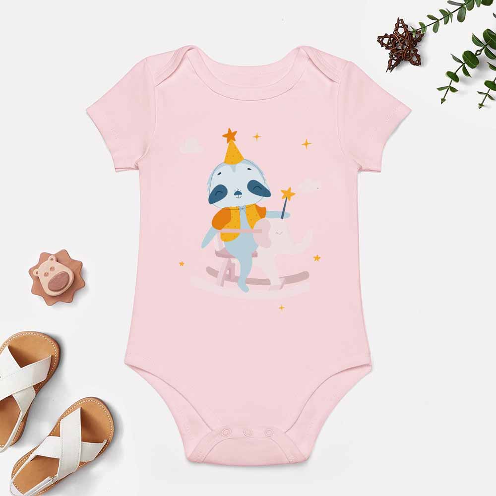 Pink short-sleeve baby bodysuit featuring a cartoon unicorn design, made of soft cotton, perfect for babies aged 3-24 months.