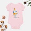 Pink short-sleeve baby bodysuit featuring a cartoon unicorn design, made of soft cotton, perfect for babies aged 3-24 months.