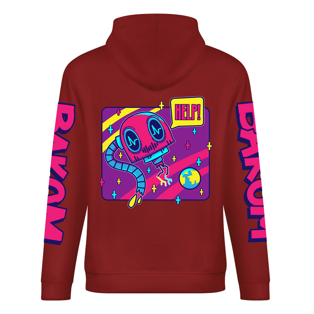 Red cotton hoodie with FOREVER donut graphic, DAKUM and CHRONM sleeve prints, youth fashion style