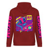 Red cotton hoodie with FOREVER donut graphic, DAKUM and CHRONM sleeve prints, youth fashion style