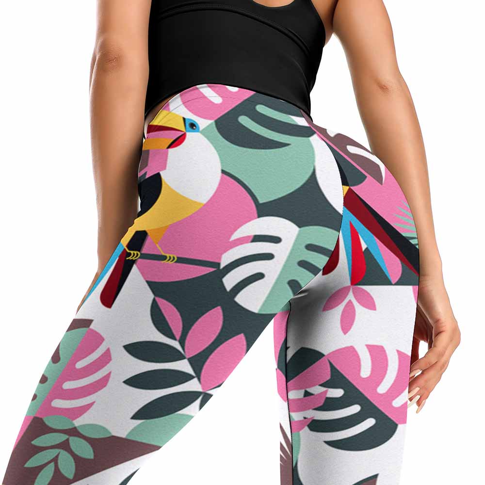 Soft Ladies Yoga Pants with Colorful Abstract Leaf Pattern, High-Waist Design