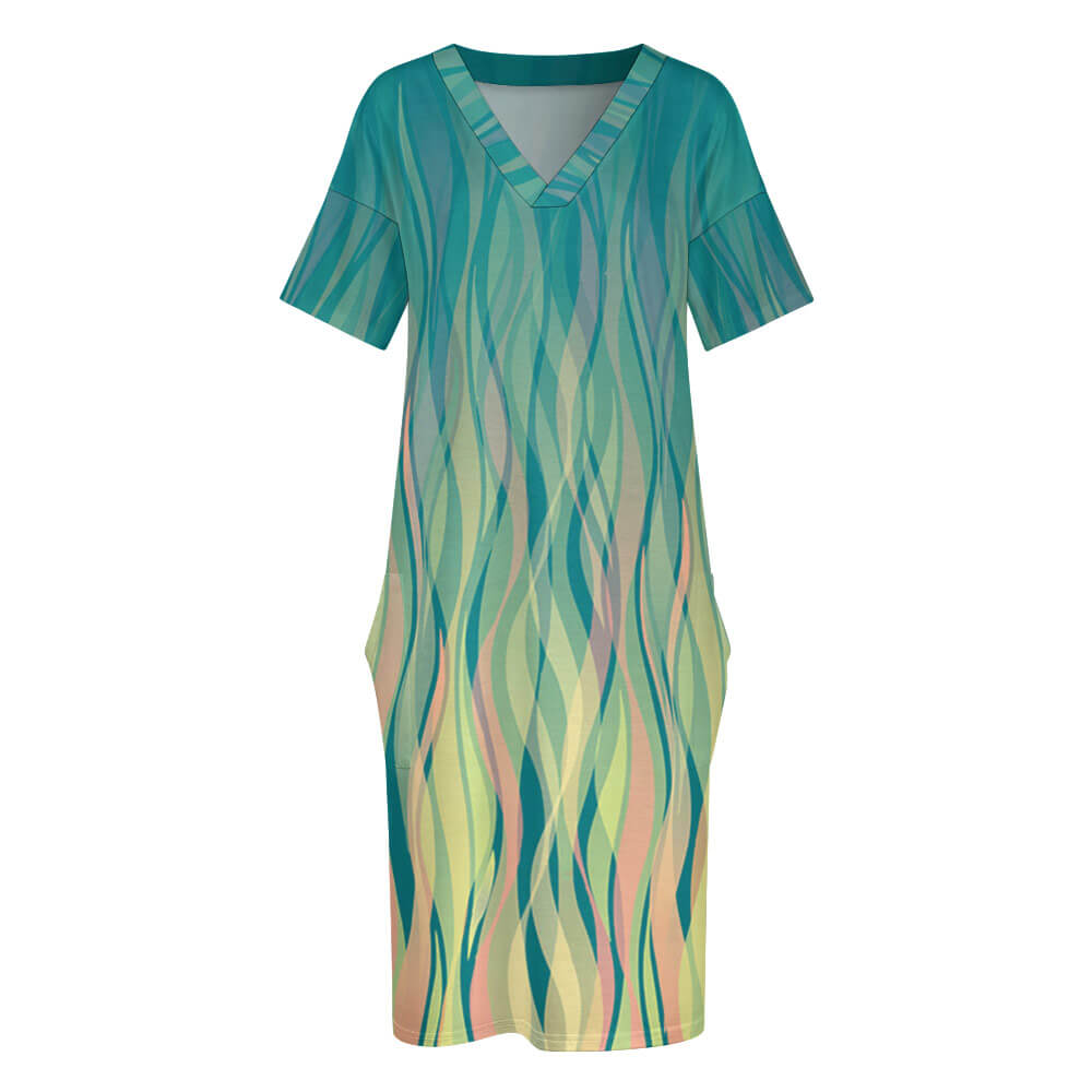 Green imitation cotton loose pocket dress with V-neck and unique patterned design, ideal for everyday wear.