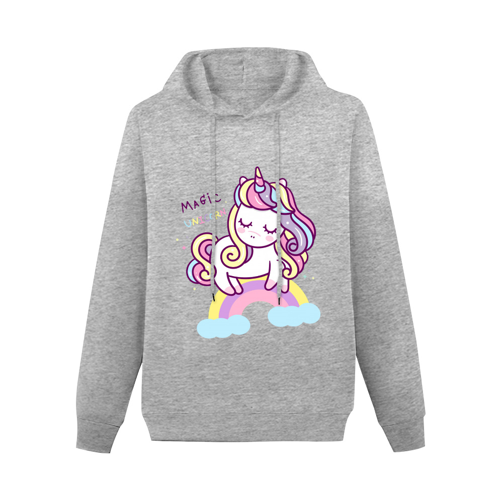 Grey women's unicorn hoodie sweatshirt with drawstring, cotton blend fleece, comfortable fit for spring and autumn.