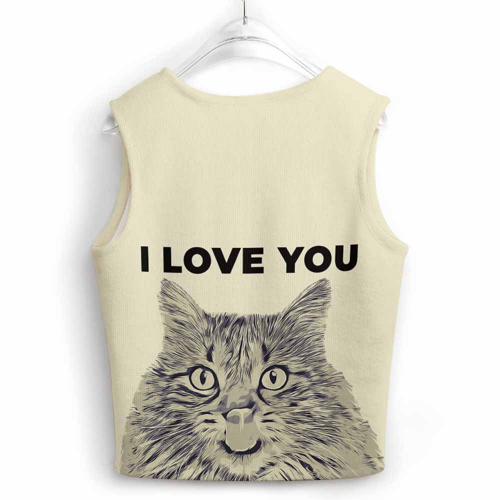 Beige women's knit vest with a cat face print and 'I LOVE YOU' text.