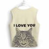 Beige women's knit vest with a cat face print and 'I LOVE YOU' text.