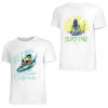 White pure cotton short-sleeved T-shirt with surfing design, front and back view, summer fashion.