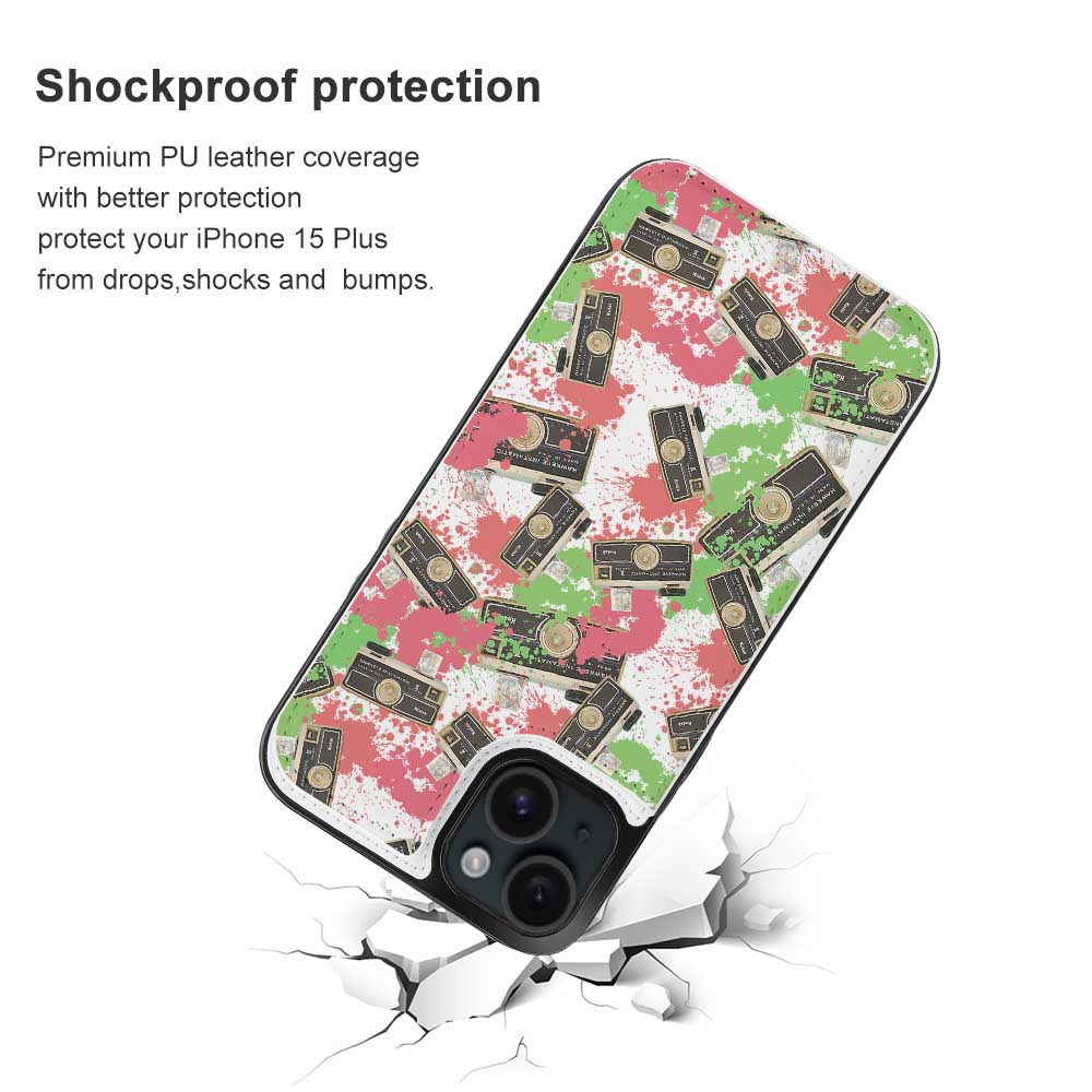 iPhone 15 case with shockproof protection, featuring a floral design on TPU leather, full coverage.