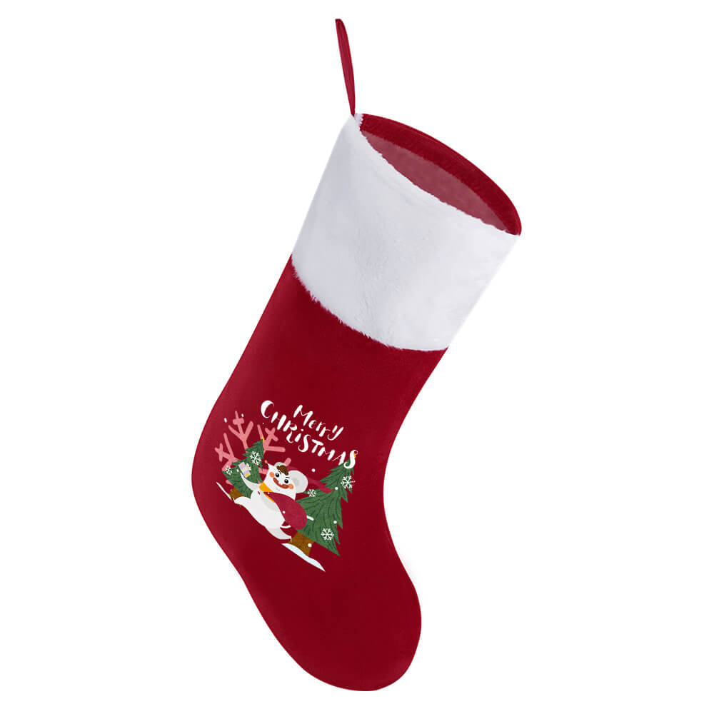 Christmas stocking with red body, white cuff, and festive embroidered design