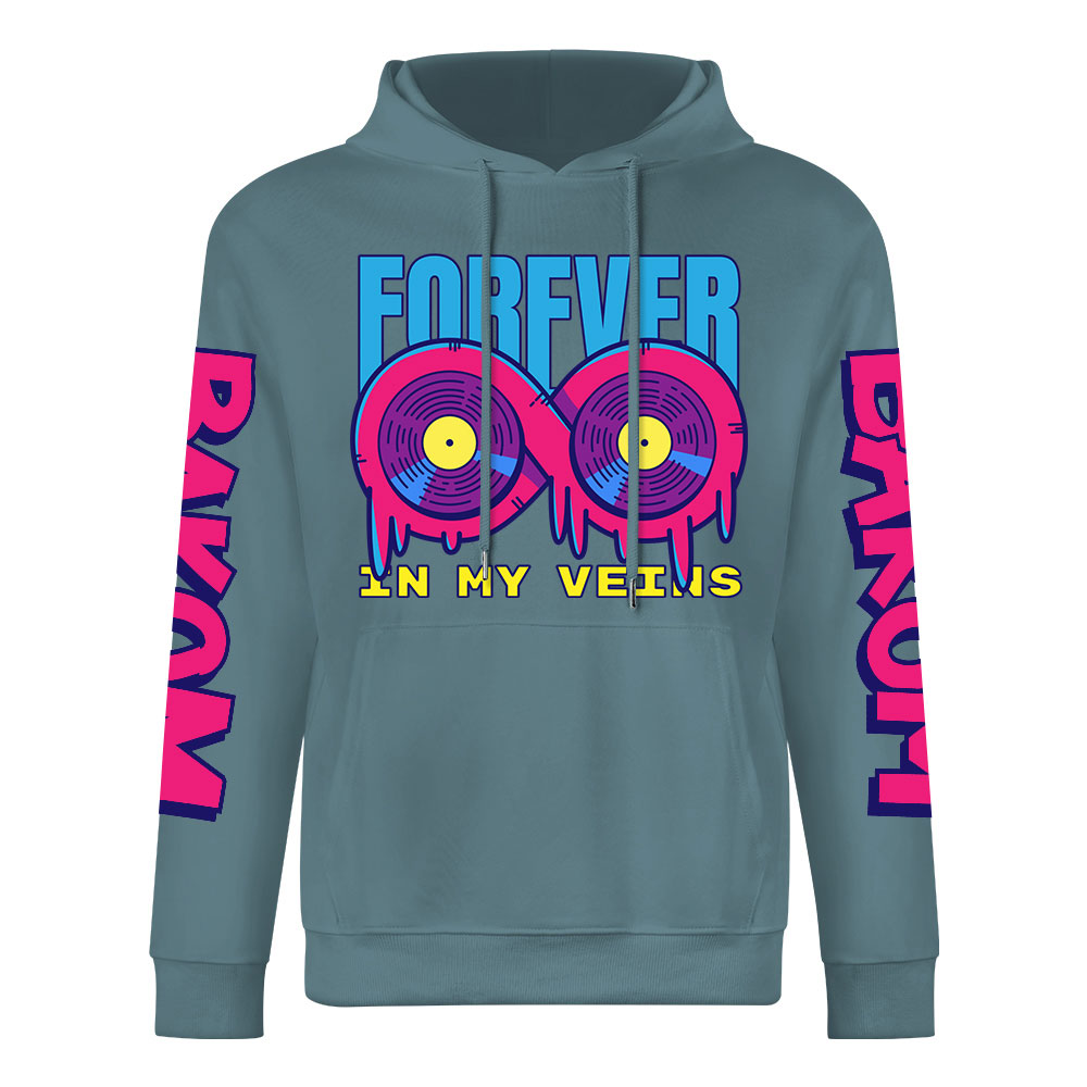 Turquoise cotton FOREVER 99 hoodie, DAKUM sleeve prints, youth fashion style.