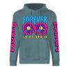 Turquoise cotton FOREVER 99 hoodie, DAKUM sleeve prints, youth fashion style.