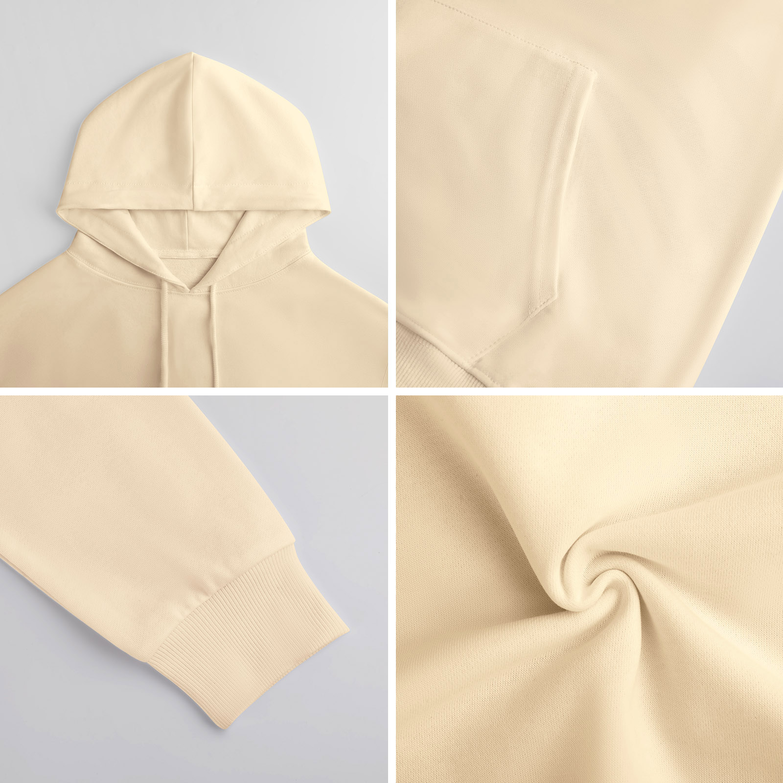 Cream cotton hooded sweater details: hood, sleeve, pocket and fabric texture. Breathable and comfortable.