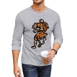 Men's gray long sleeve crewneck T-shirt with cartoon print, 100% cotton, suitable for various activities