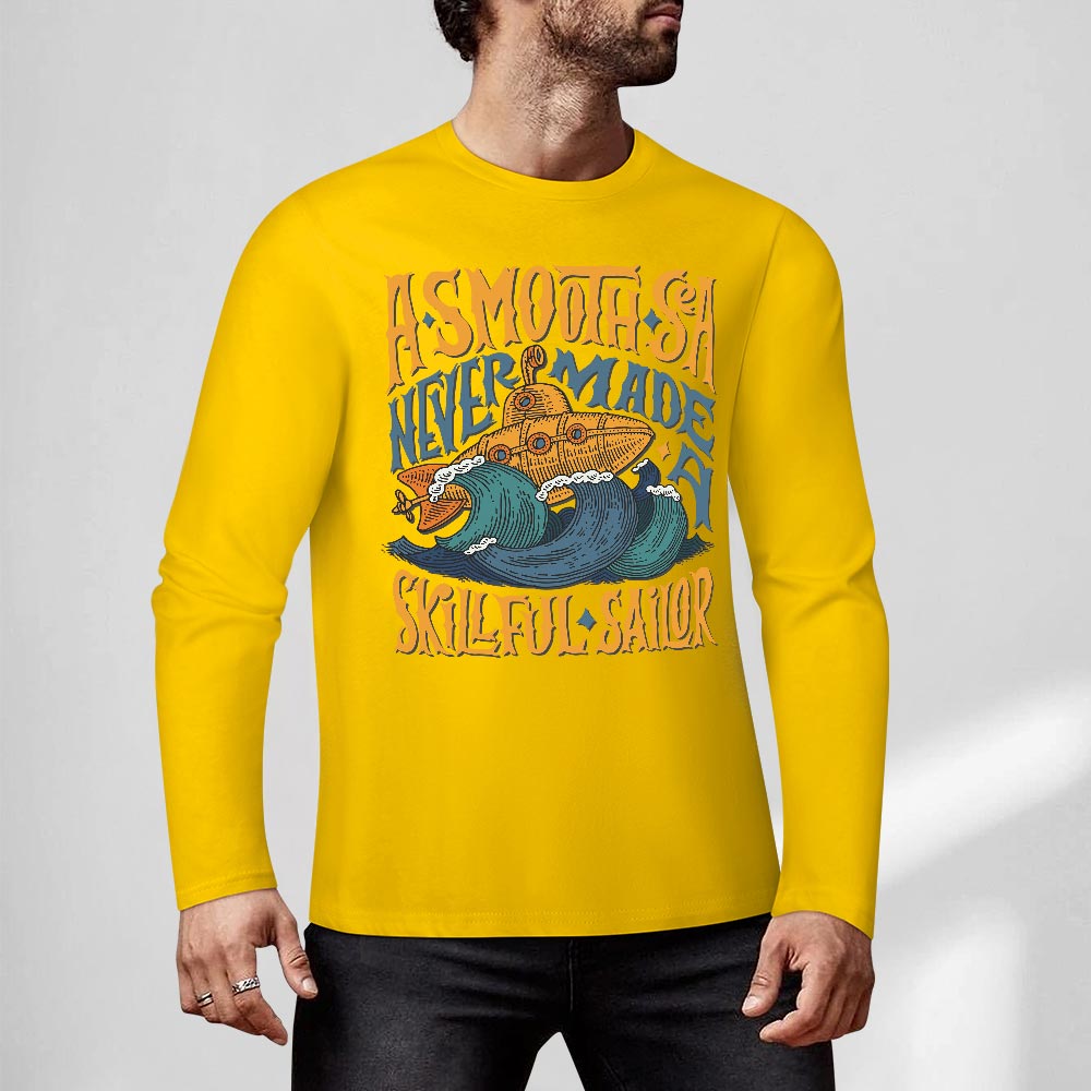 Yellow pure cotton long sleeve T-shirt with graphic design for casual wear.