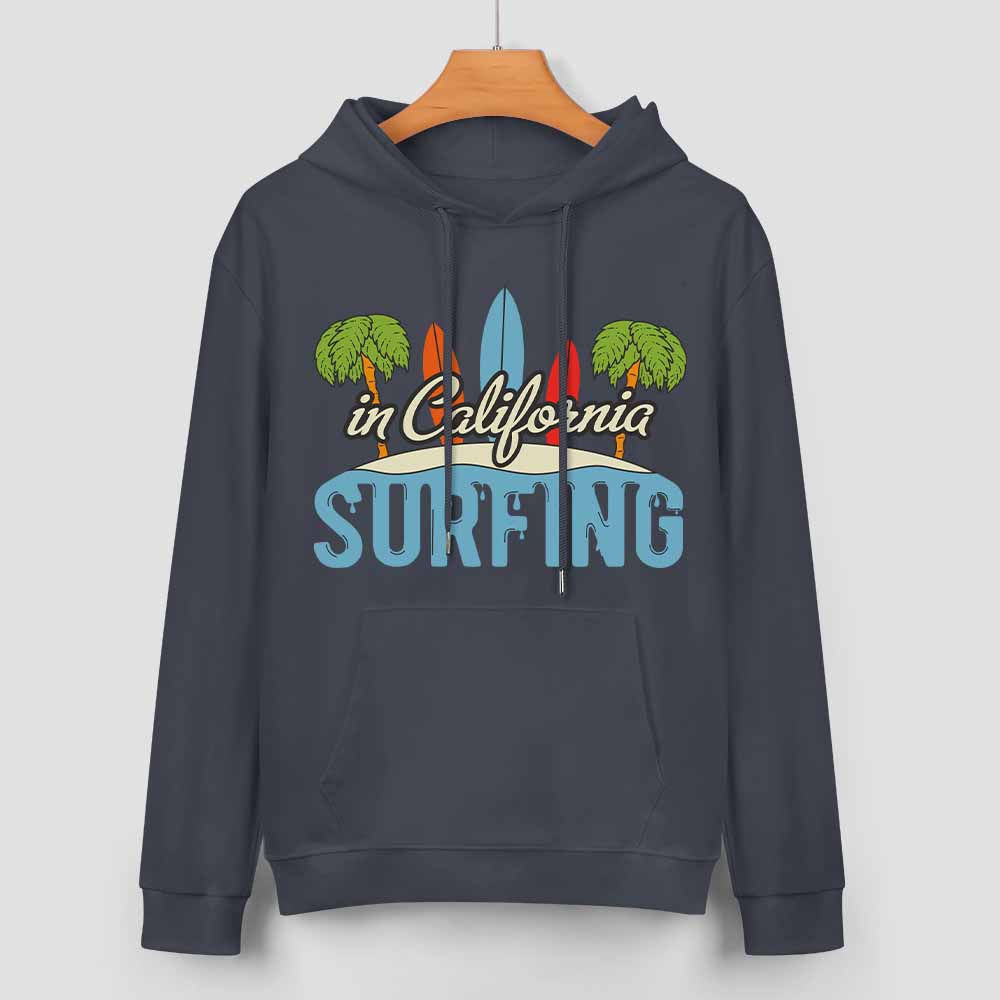 Navy blue cotton California Surfing hoodie with graphic, loose fit, suitable for daily wear.