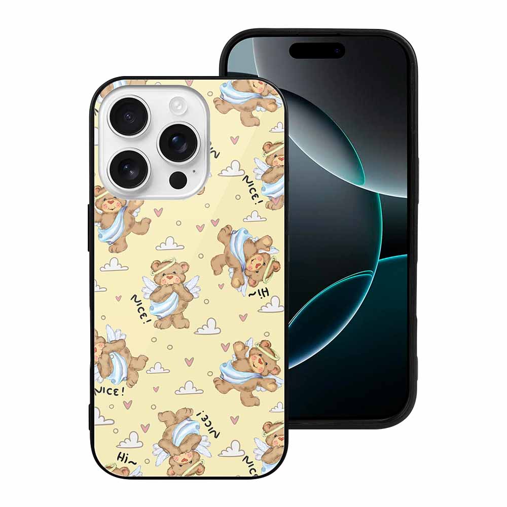 iPhone 16 series phone with bear pattern glass case. Protective, scratch-resistant design.