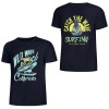 Navy blue surfing T-shirt with "Wild Wave California" and "Catch the Wave Surfing" print, summer.