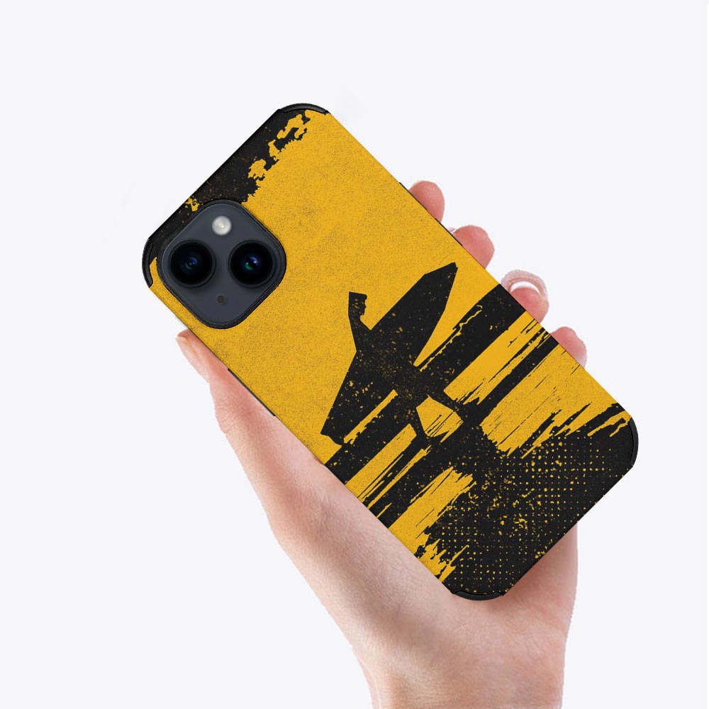iPhone 14 fiber skin case with surfer silhouette and yellow sunset background, scratch-resistant.