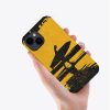 iPhone 14 fiber skin case with surfer silhouette and yellow sunset background, scratch-resistant.