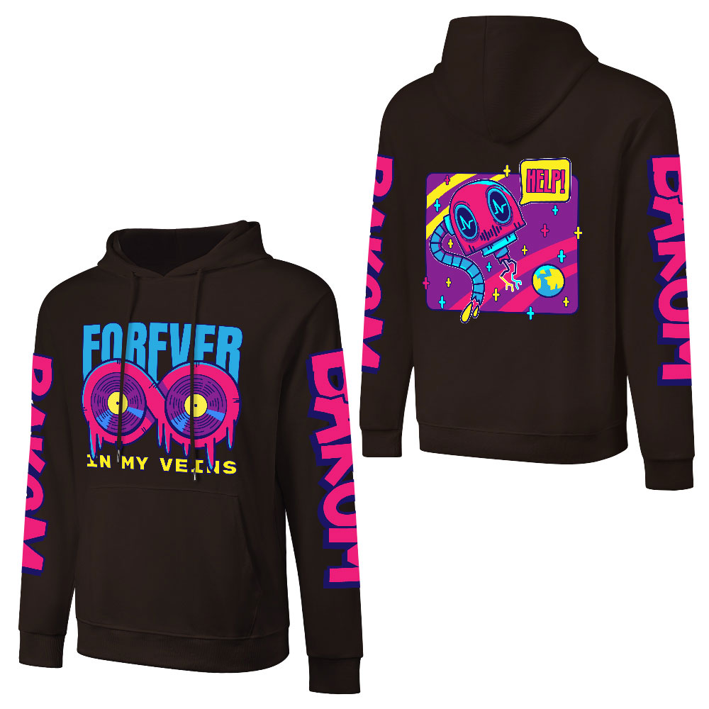 Black cotton 'FOREVER 99' hooded sweater with donut graphic and sleeve prints, youth fashion style.