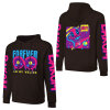 Black cotton 'FOREVER 99' hooded sweater with donut graphic and sleeve prints, youth fashion style.