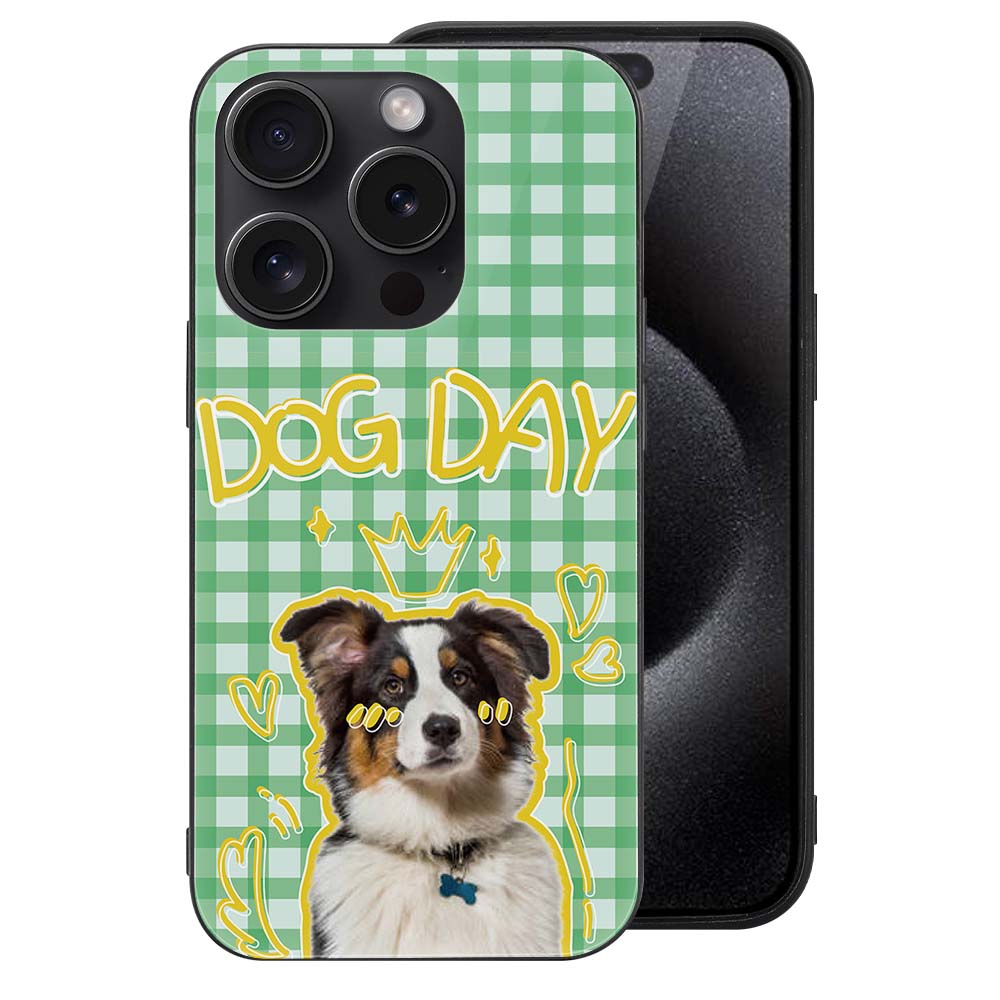 iPhone 15 Dog Case with "DOG DAY" text, Green Gingham, Glass+TPU Protection