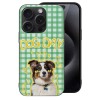iPhone 15 Dog Case with "DOG DAY" text, Green Gingham, Glass+TPU Protection