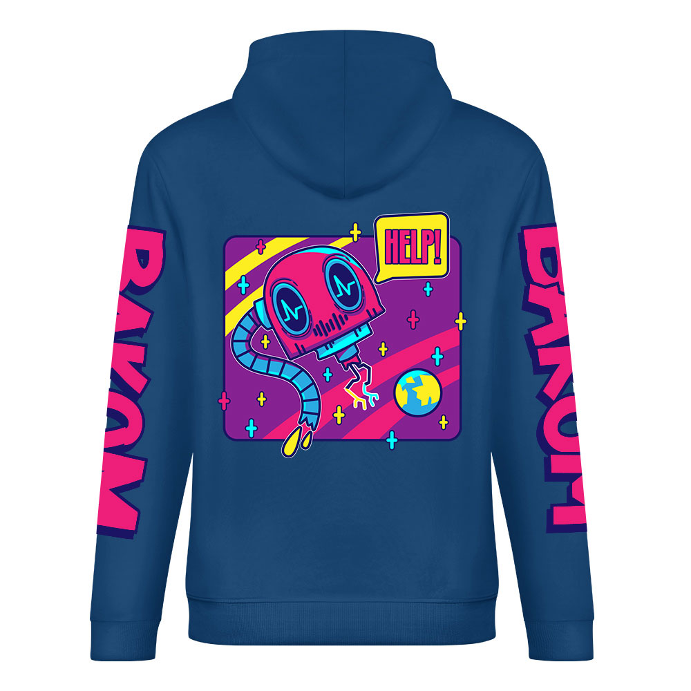 Navy blue cotton hoodie with 'FOREVER 99' donut graphic, DAKUM and CHRONM sleeve prints, youth fashion style