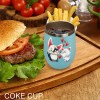 Inkedjoy blue insulated cup with cartoon cat and penguin design, served with burger and fries, COKE CUP
