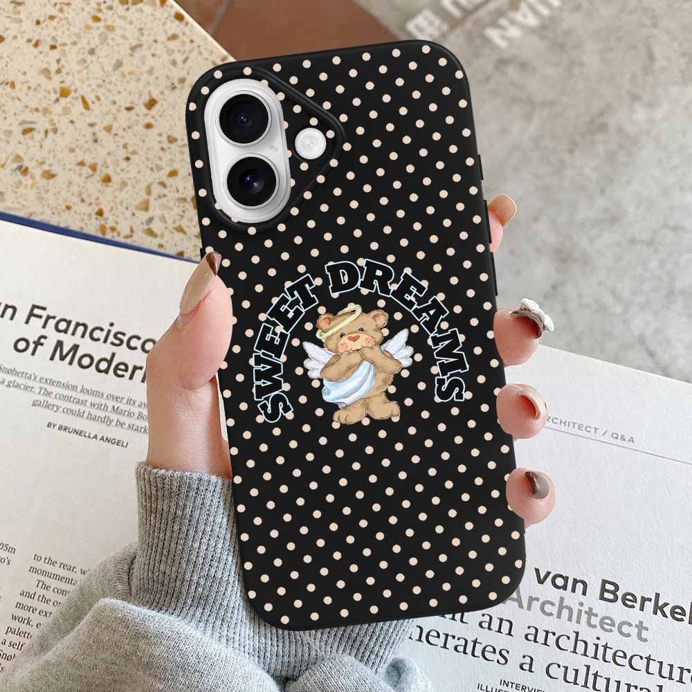 iPhone 16 case, black polka dots, angel design, "Lovely Moments" text, TPU