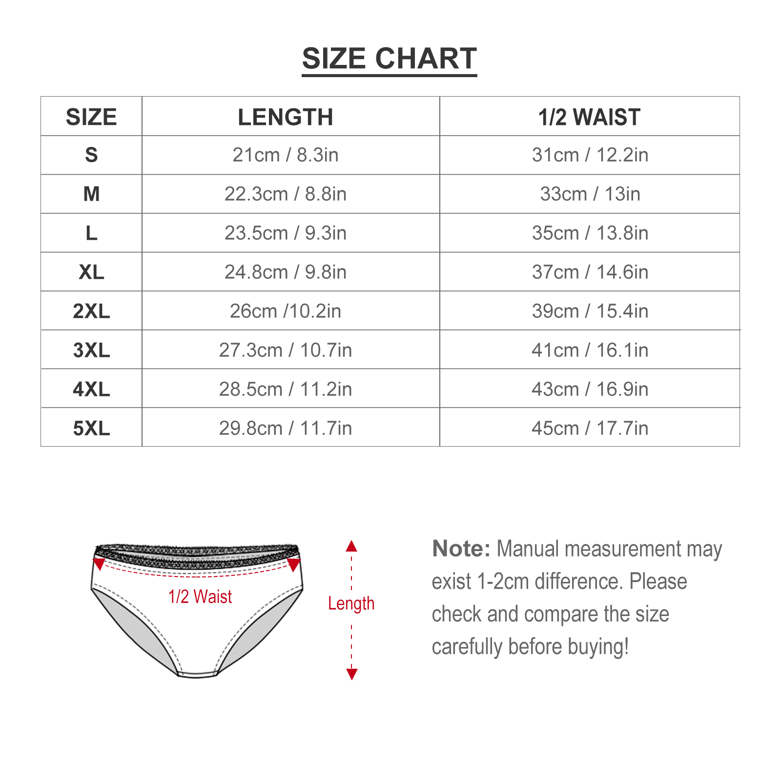 Size chart for women's lace underwear. Includes length and waist measurements.