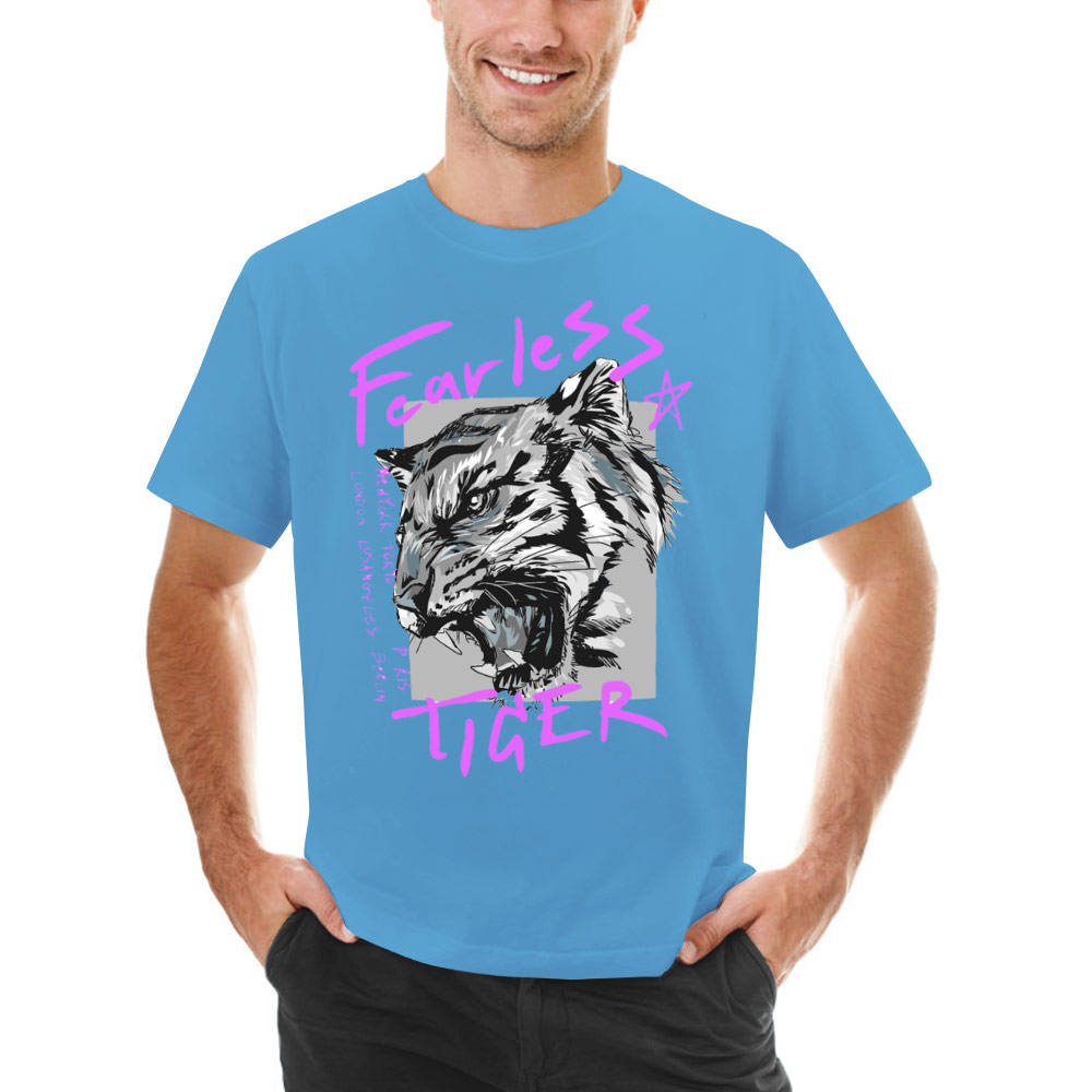 Light blue cotton men's T-shirt with Fearless Tiger graphic print, collection.