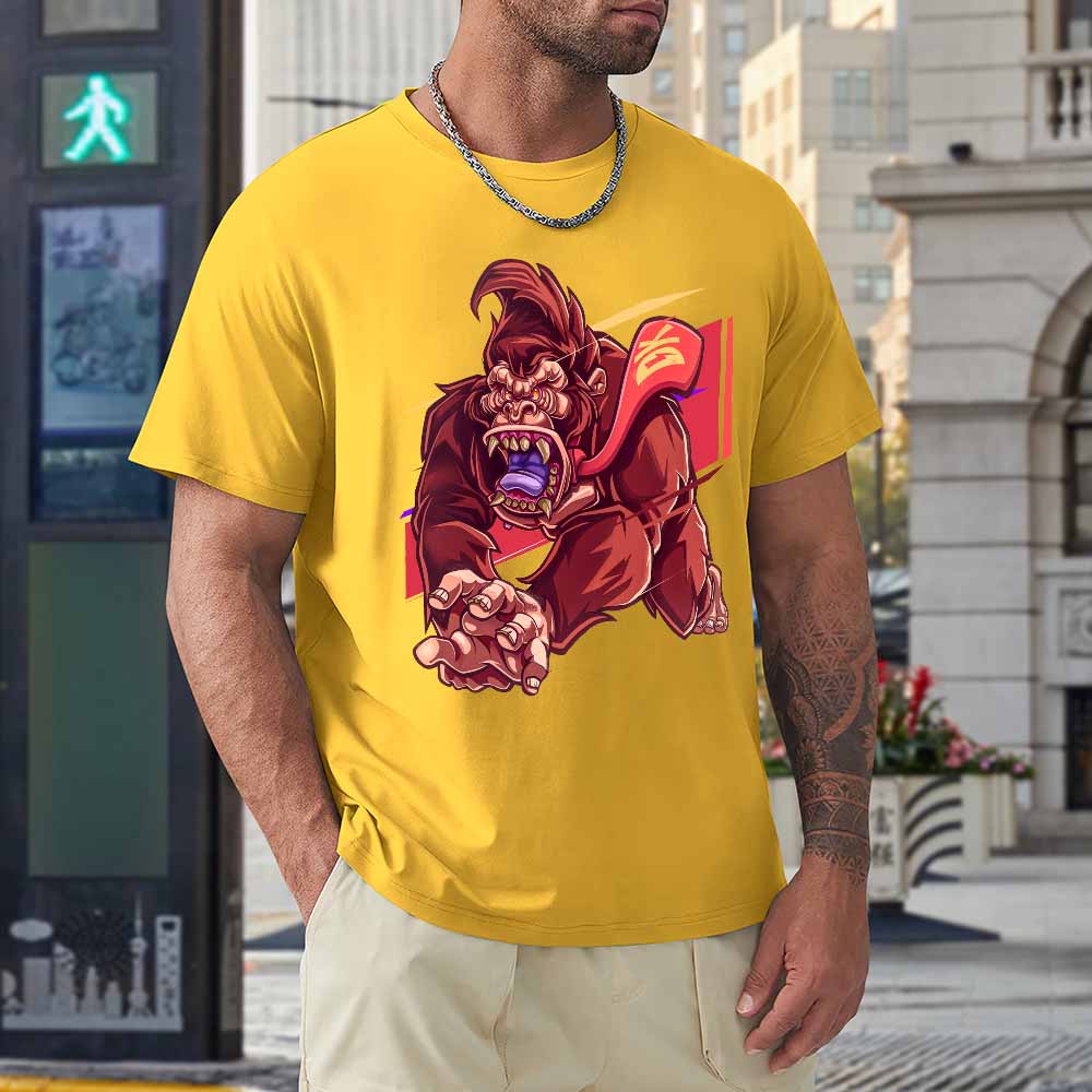 Yellow cotton men's t-shirt with red monster graphic print by Inkedjoy