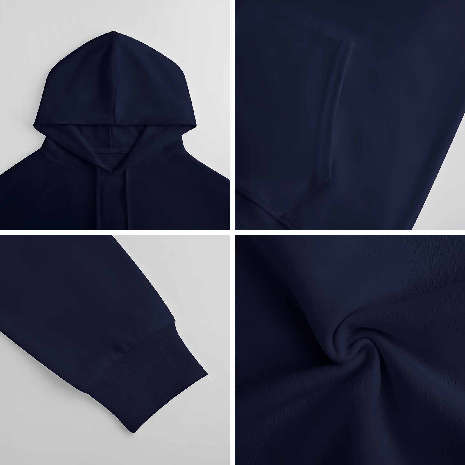 Navy blue cotton hooded sweater details: hood, sleeve, and fabric texture, youth fashion.