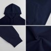 Navy blue cotton hooded sweater details: hood, sleeve, and fabric texture, youth fashion.