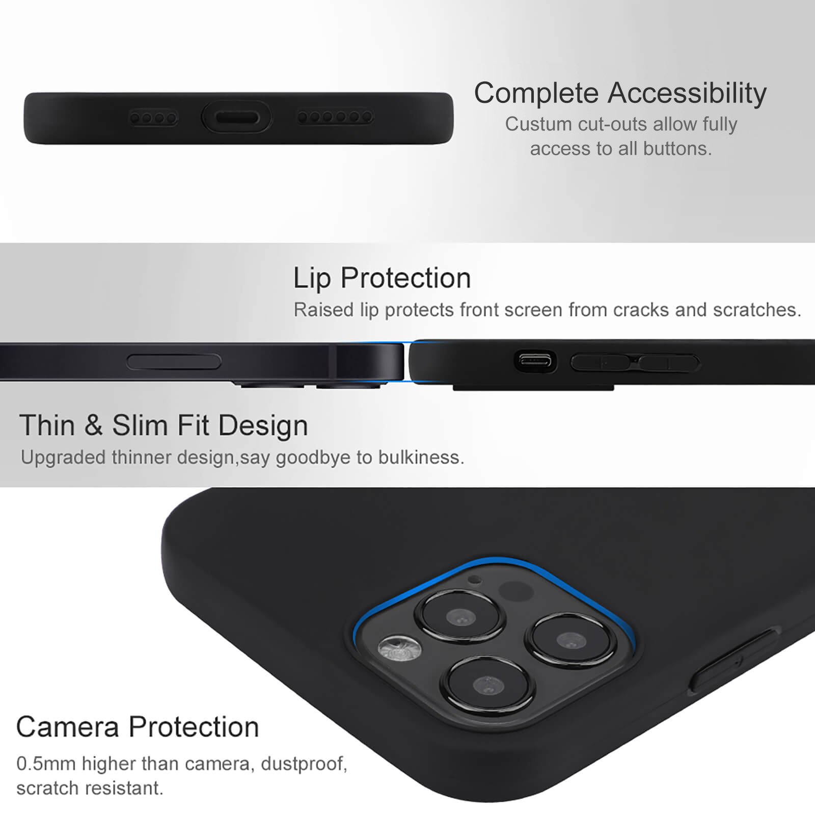 iPhone 12 series case features: complete accessibility, lip & camera protection, thin & slim fit. TPU material.
