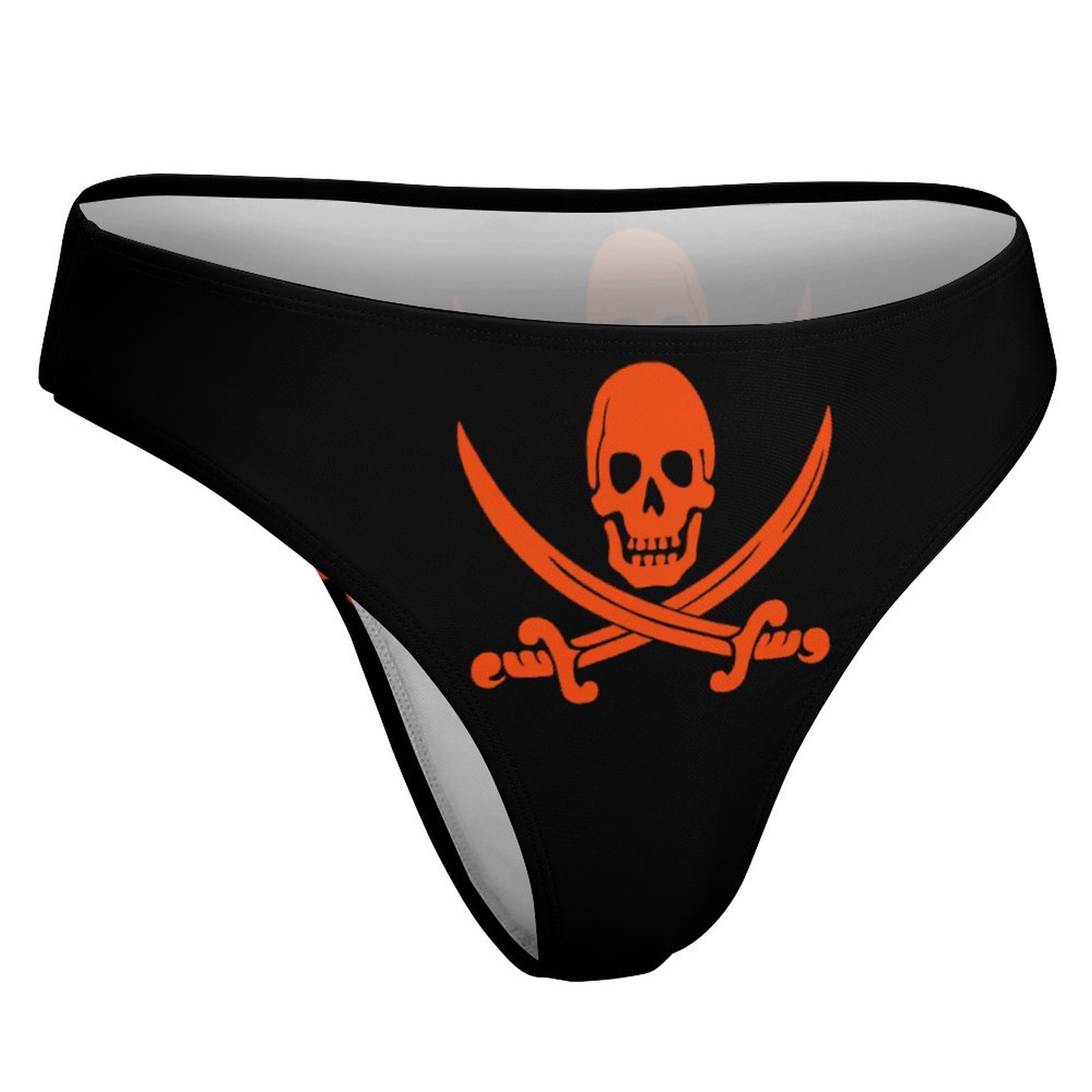 Black thong bikini with orange skull and crossbones. Comfortable, elastic swimwear for daily wear.