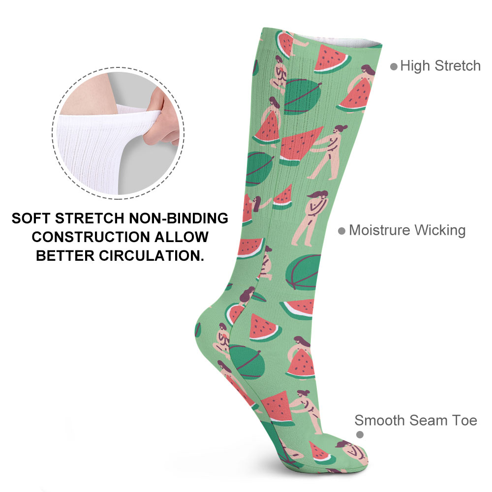 Breathable stockings with green watermelon pattern, soft, stretchy, and non-binding for better circulation.