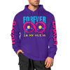 Purple cotton hooded sweater with 'FOREVER' donut graphic, 'CHRONM', 'DAKUM' sleeve prints, fashion style.