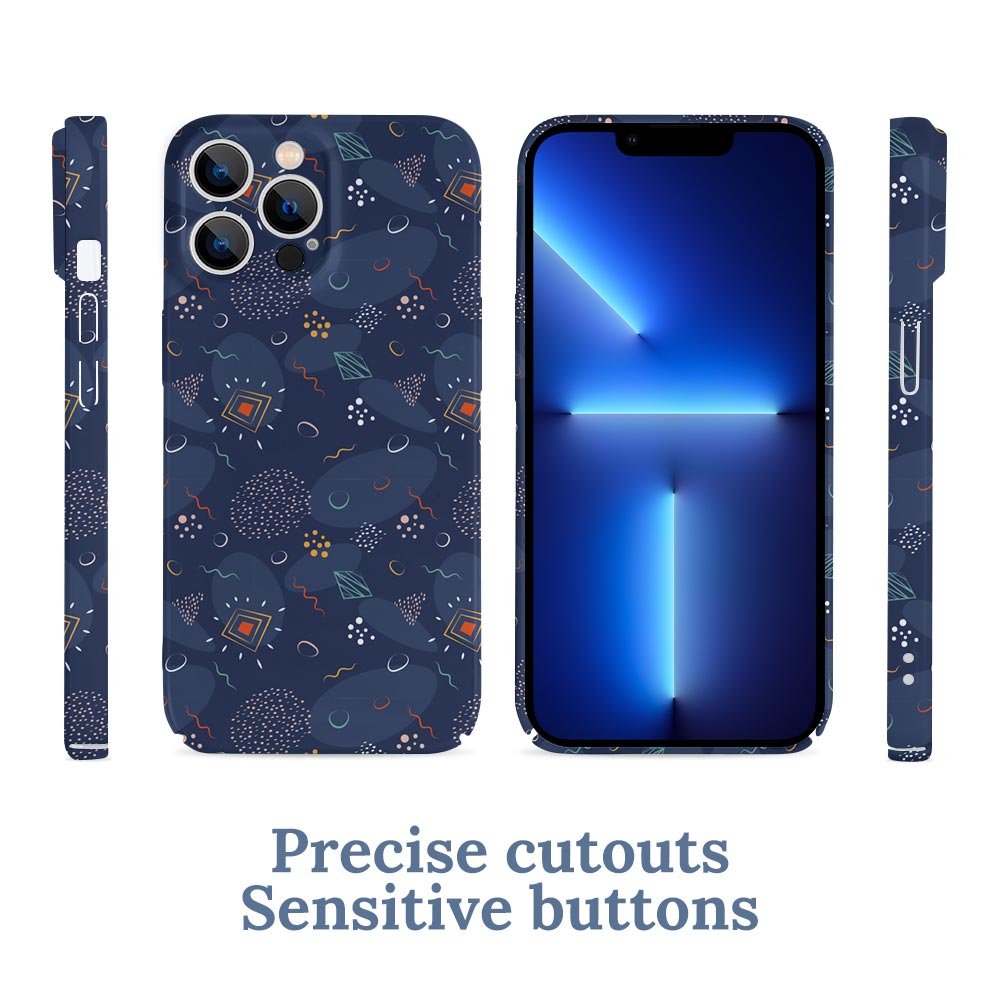 iPhone 13 case, PC plastic, dark blue celestial pattern, precise cutouts, sensitive buttons, phone protection.
